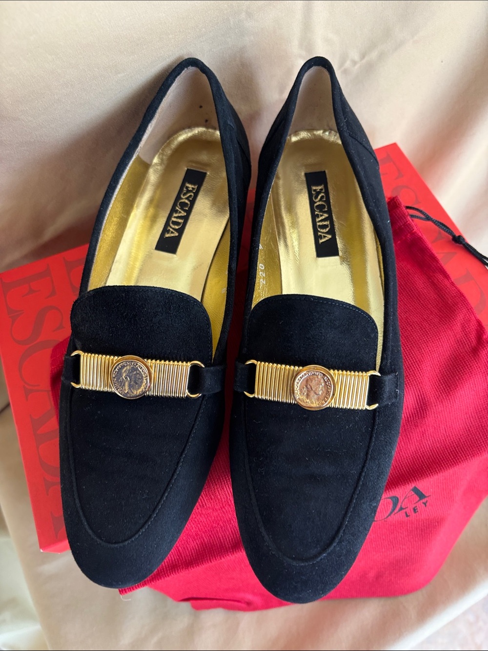 Escada Black Suede Loafers with Gold Coin Accent